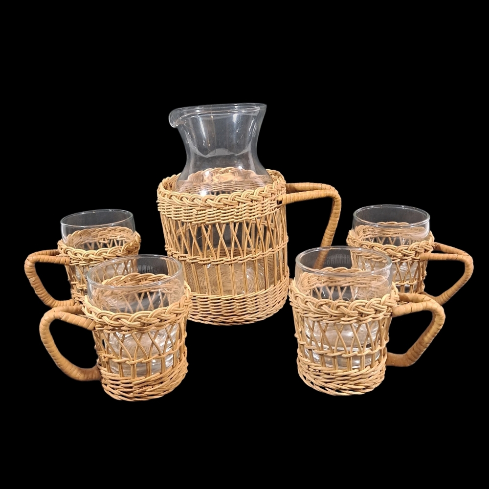 Vintage Rattan Juice Pitcher Four Glasses Snack Dish Set Wicker Boho MCM - Picture 10 of 12